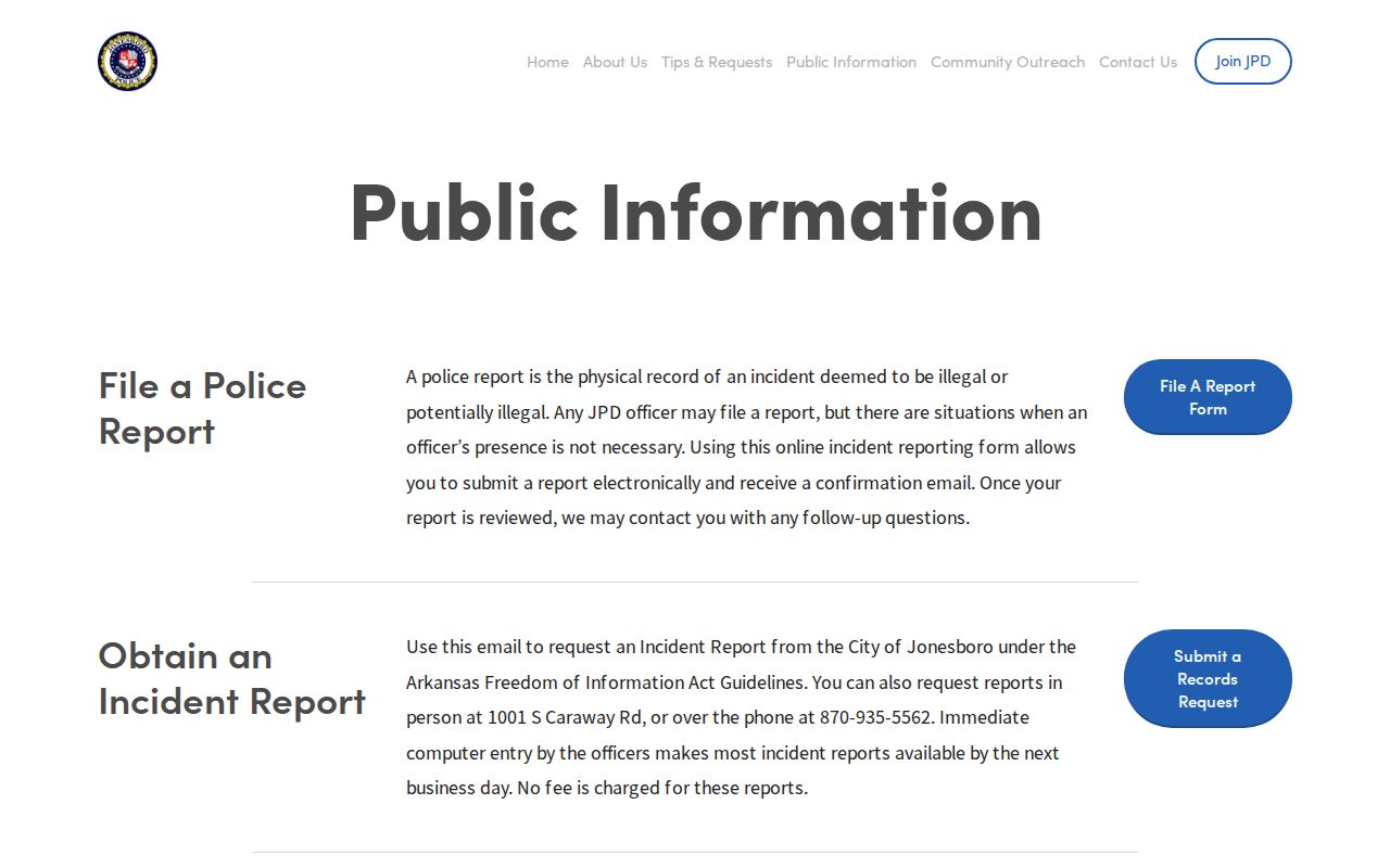 Jonesboro Police public information page for arrest and incident records